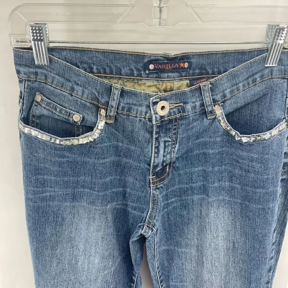Vanilla star Women's Bootcut Jeans Beaded Pocket Mid Rise Denim Medium Wash Size - Picture 7 of 12